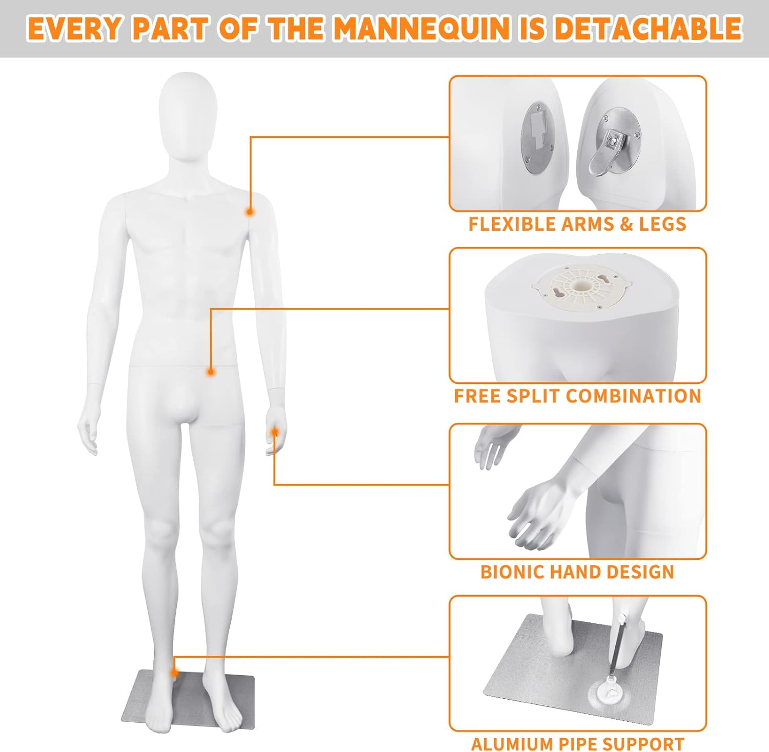 Maniquí masculino de cuerpo completo, soporte ajustable de 73 pulgadas, plástico sin rostro, desmontable, base de metal, conector de metal, blanco