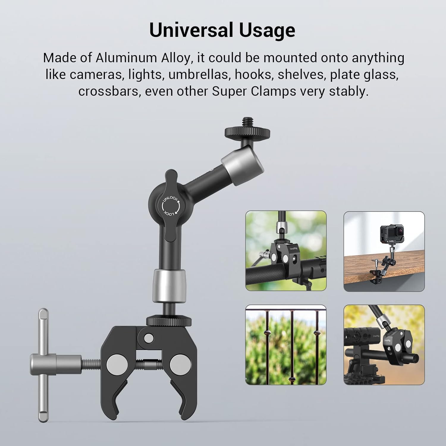 SmallRig Super Clamp con rosca de 14 y 38 pulgadas y brazo mágico articulado de potencia de fricción ajustable de 5.8 pulgadas con tornillo de rosca
