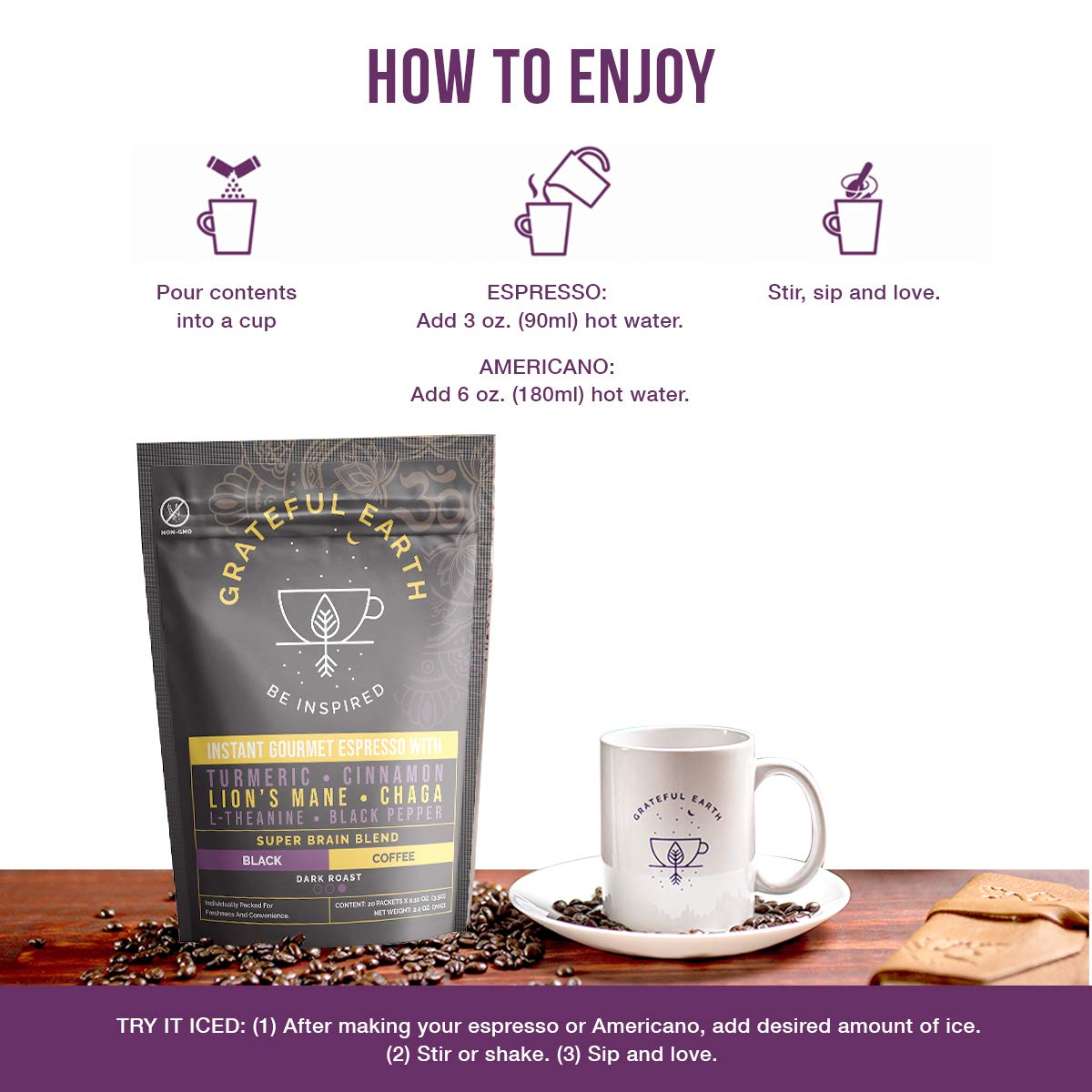 Grateful Earth Super Brain Blend Instant Gourmet Espresso  Café negro instantáneo con nootrópicos  20 paquetes  Café Robusta y arábica Microground
