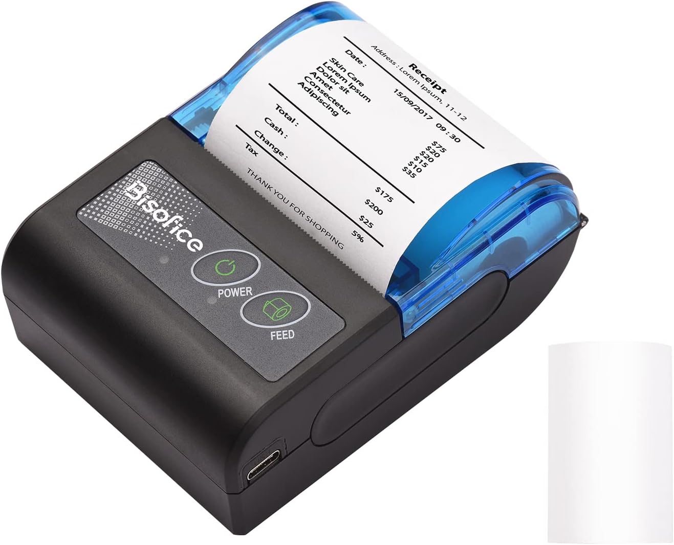 Impresora de recibos, mini impresora térmica portátil de recibos de 2 pulgadas, inalámbrica BT USB, impresora de boletos de recibos con papel de