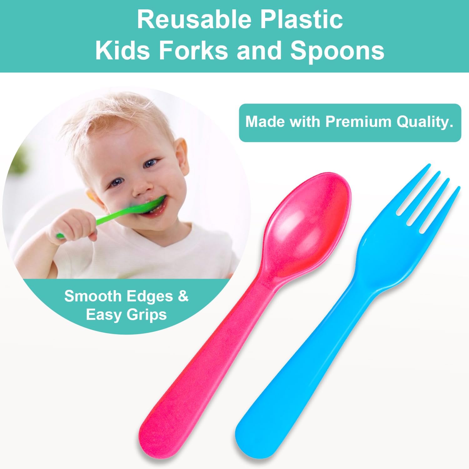 16 utensilios de plástico para niños, utensilios de alimentación reutilizables para niños pequeños con 8 tenedores y 8 cucharas para niños,