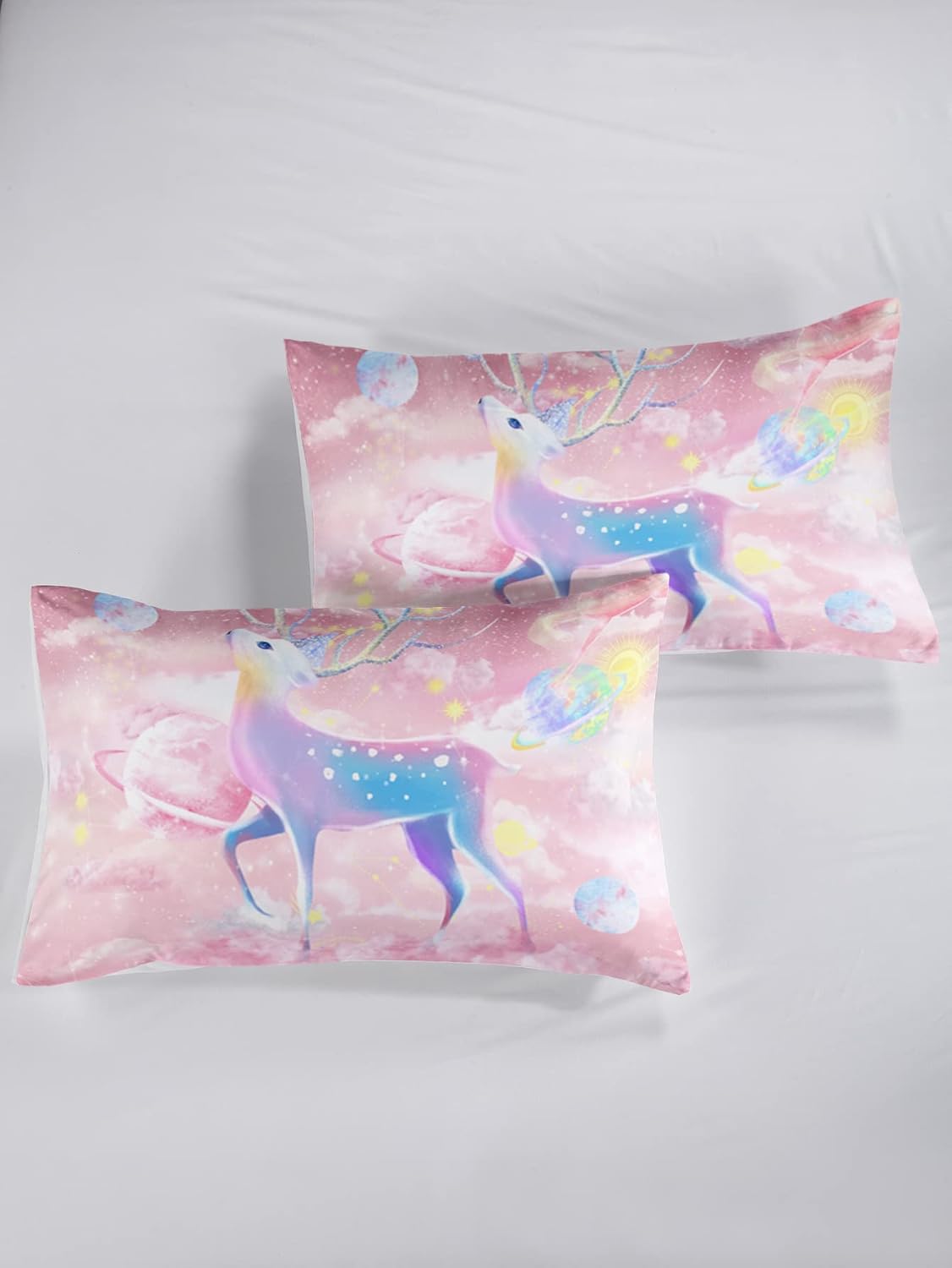 CVHOUSE Ecbttab047 – Juego de edredón rosa para niña, tamaño matrimonial, juego de ropa de cama con espacio de nube rosa para niños, ciervo y