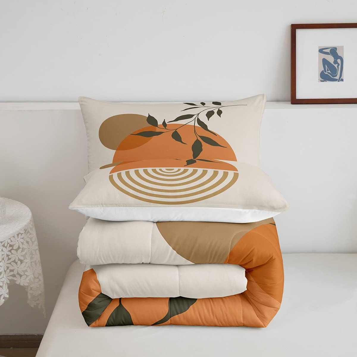 Juego de ropa de cama tamaño Queen con diseño de hojas bohemias para niñas, niños, adolescentes, mujeres, abstracto, exótico, geométrico, moderno,