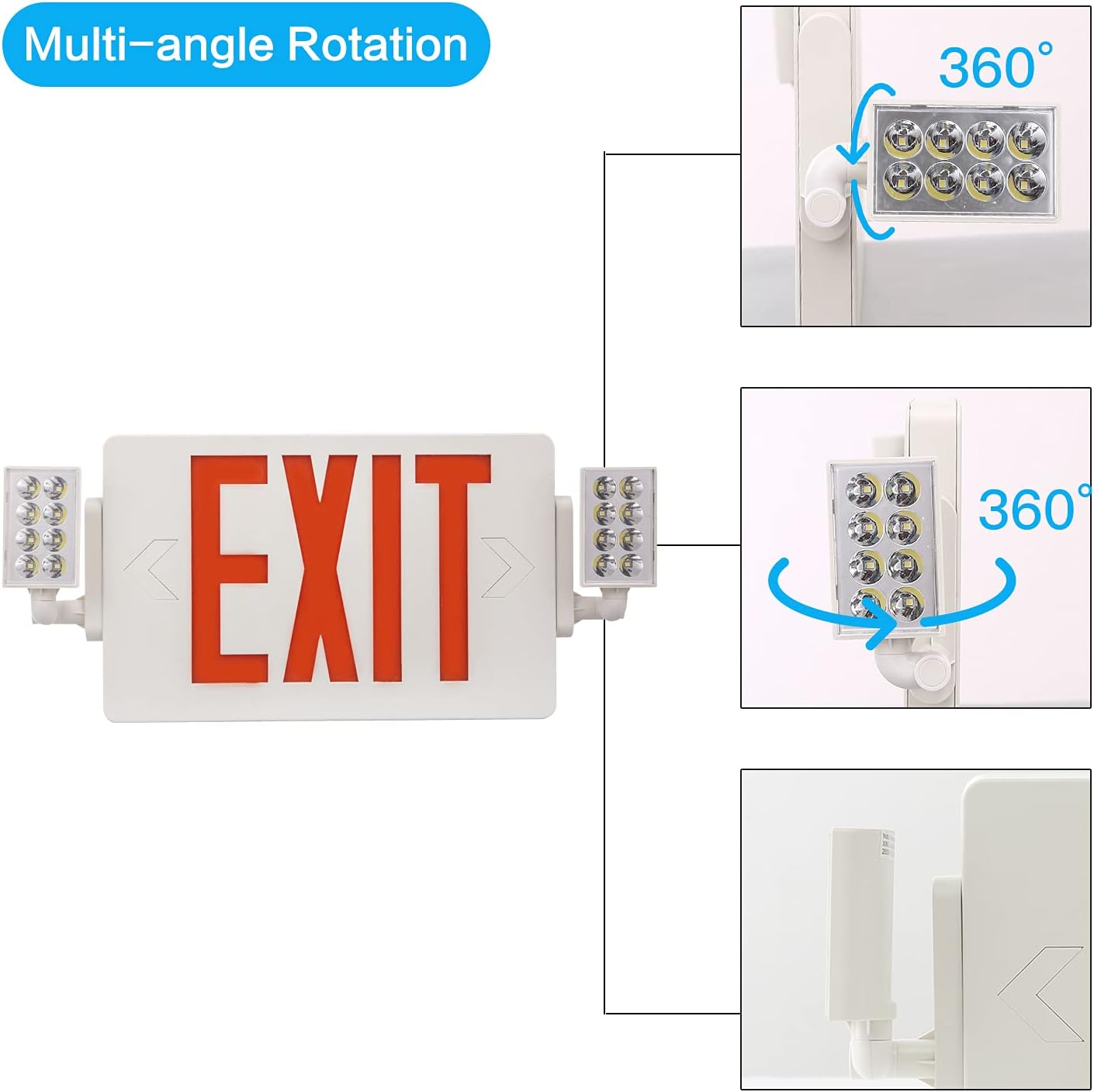 Paquete de 2 luces LED rojas de emergencia, con certificación UL, dos luces LED de salida de emergencia ajustables con batería de respaldo,