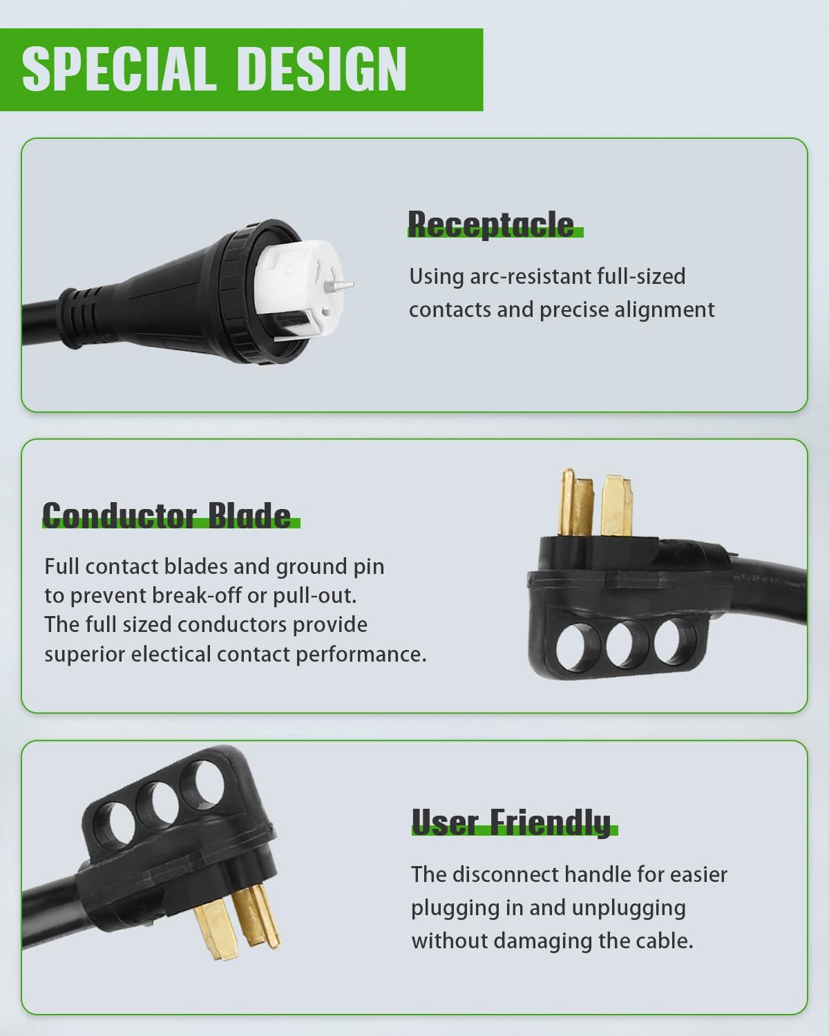 SCITOO Cable de extensión RV de 50 amperios de 10 pies, resistente 10AWG3C AWG con mango de agarre, organizador de cable de bloqueo giratorio,