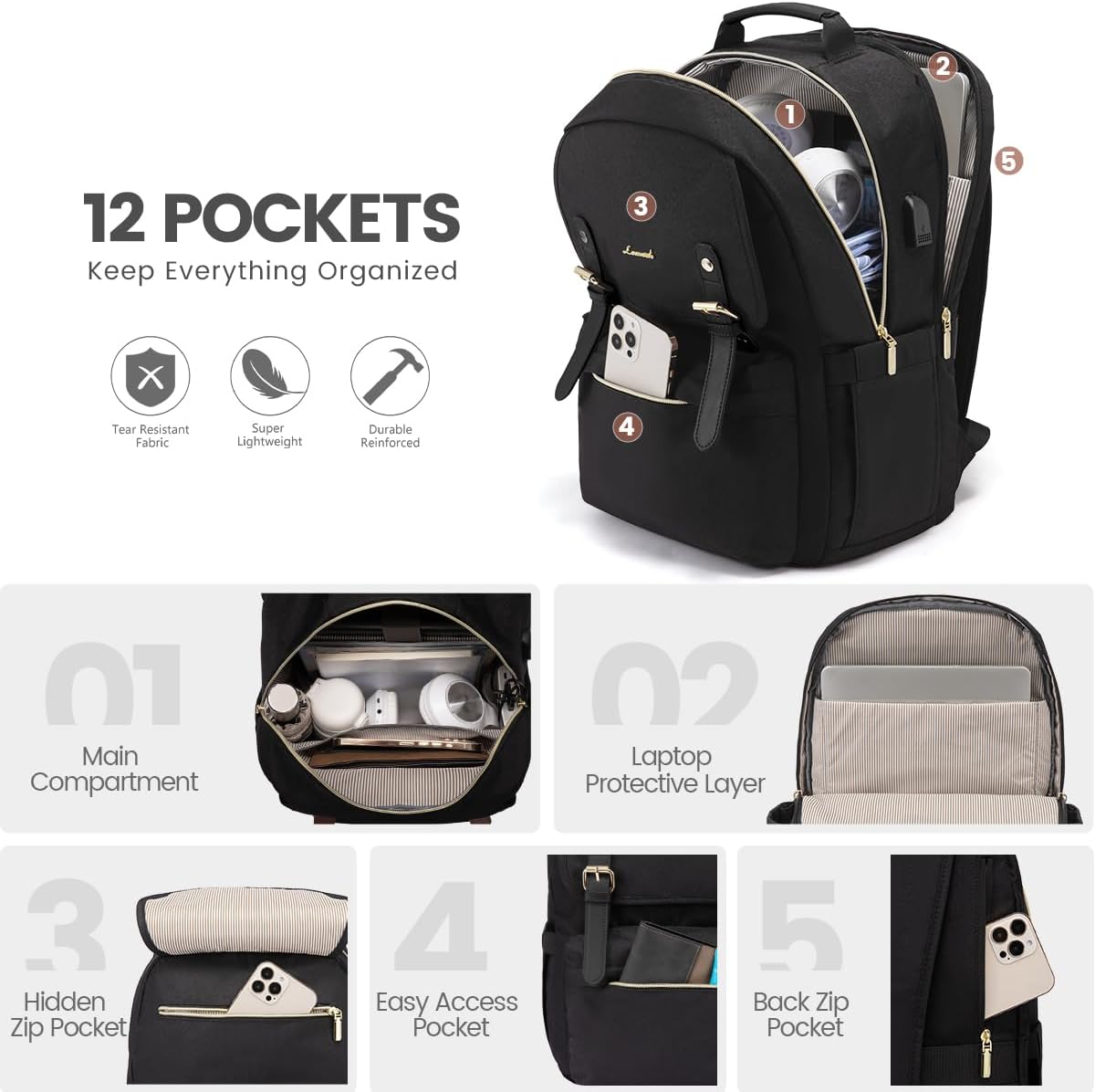 LOVEVOOK Mochila para laptop para mujer, mochila de viaje informal para la universidad, Negro -, Moda