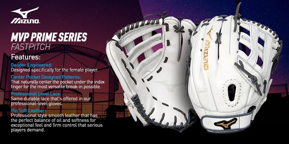 Mizuno GMVP1250PF4W MVP Prime Fastpitch – Guante de sóftbol de 12.5 pulgadas, Trident Web, lanzamiento a mano derecha, blanco-gris