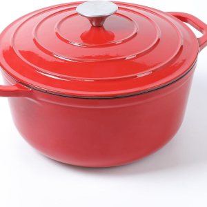 Horno holandés de hierro fundido esmaltado con tapa, 5 cuartos de galón, horno holandés redondo profundo con asas dobles, rojo Horno holandés de hierro fundido esmaltado con tapa, 5 cuartos de galón, horno holandés redondo profundo con asas dobles, rojo