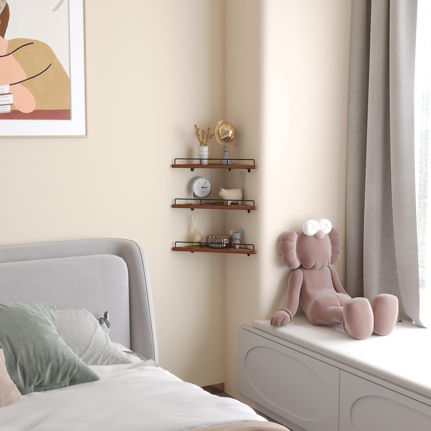 Trwcrt Juego de 3 estantes de esquina flotantes para montaje en pared, estantes de almacenamiento de pared de madera rústica para dormitorio, sala