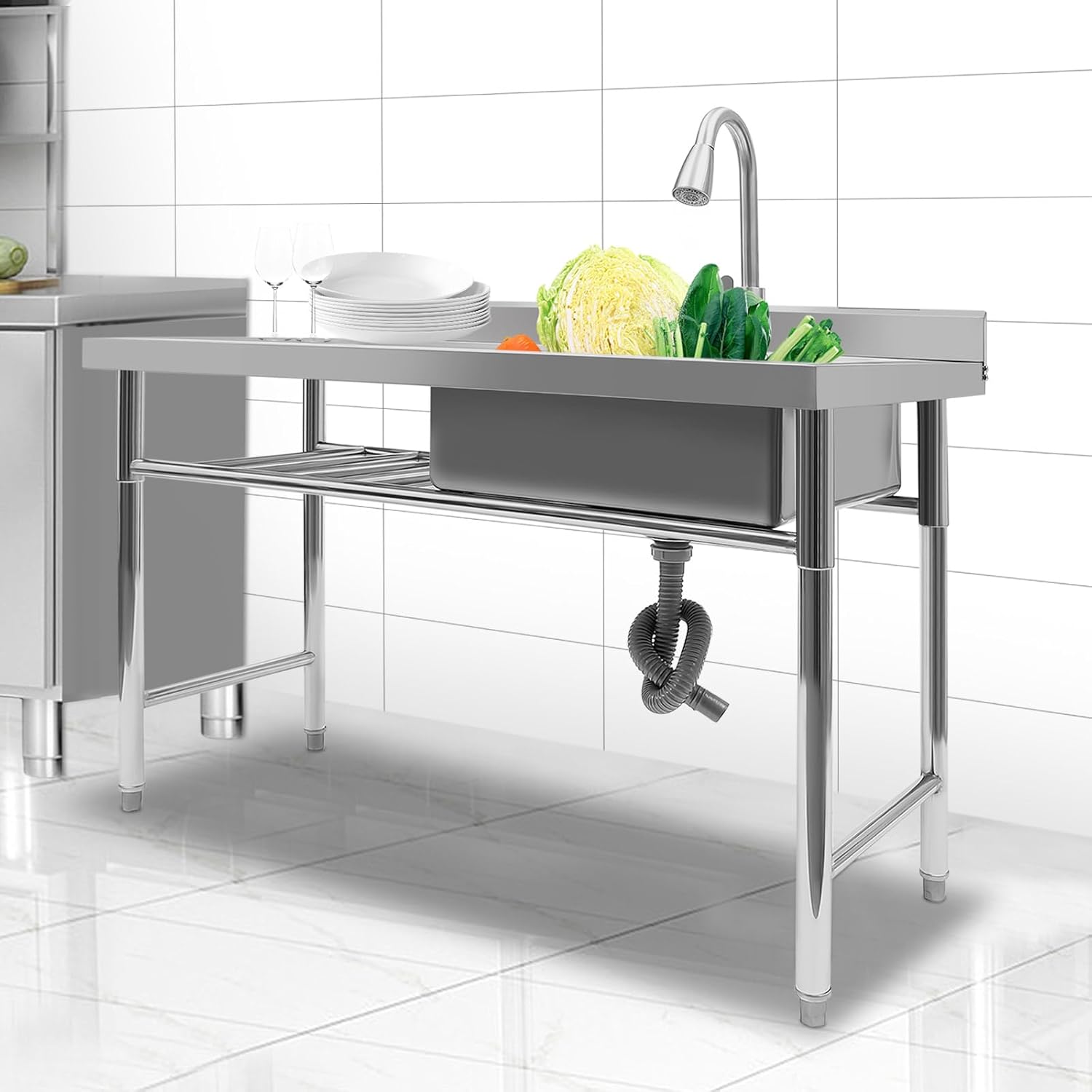 Fregadero de acero inoxidable de pie independiente, fregadero de cocina comercial de un solo tazón con banco de trabajo, fregadero de acero