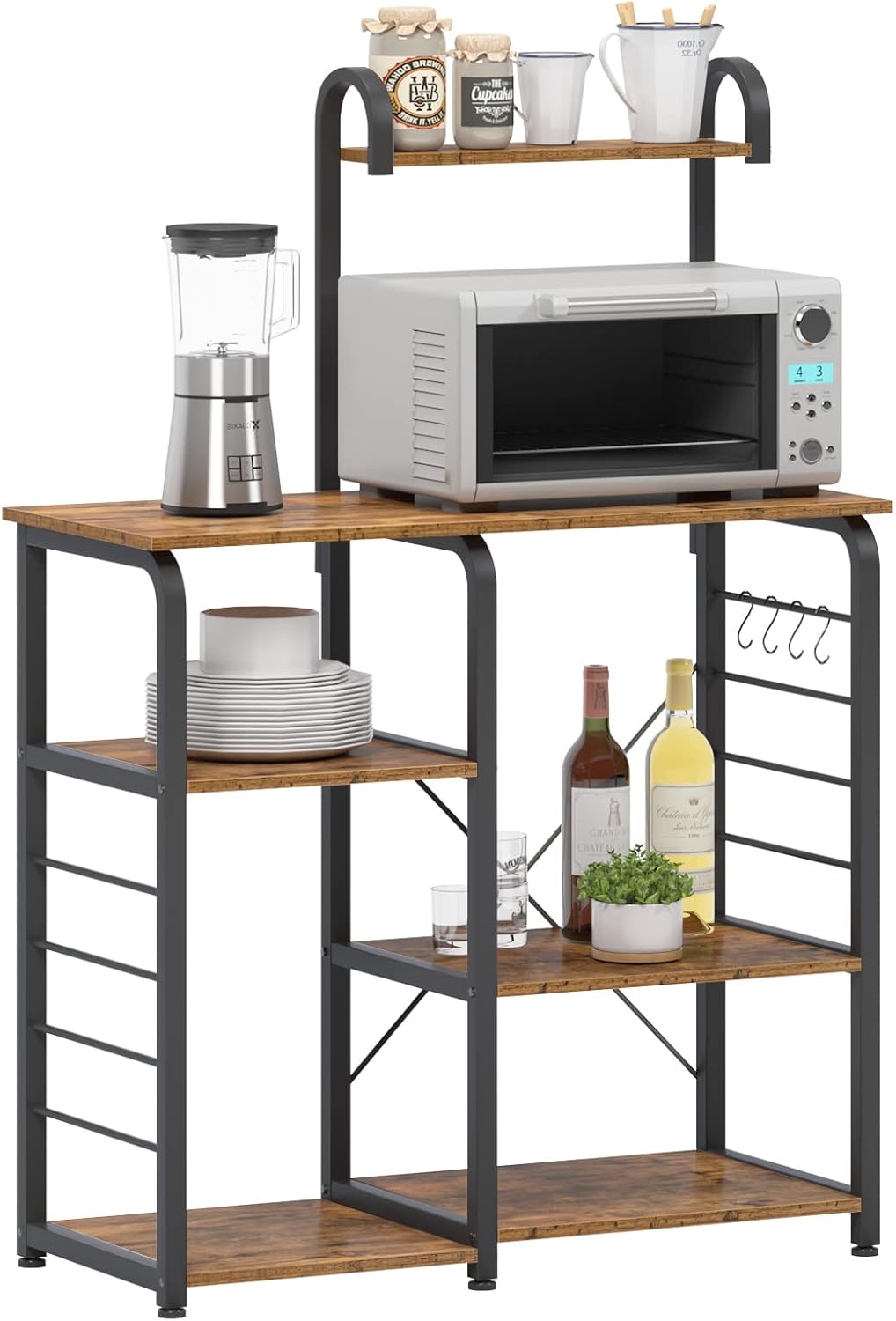 SDHYL Barra de café, estante para horno de 35 pulgadas, soporte para microondas con 5 estantes de almacenamiento y ganchos, estantes de cocina,