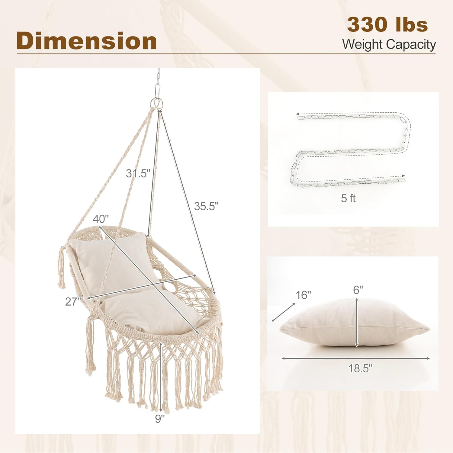 Tangkula Silla hamaca colgante, hamaca de estilo bohemio con 2 cojines suaves, borlas, accesorios de montaje, silla colgante de cuerda de algodón