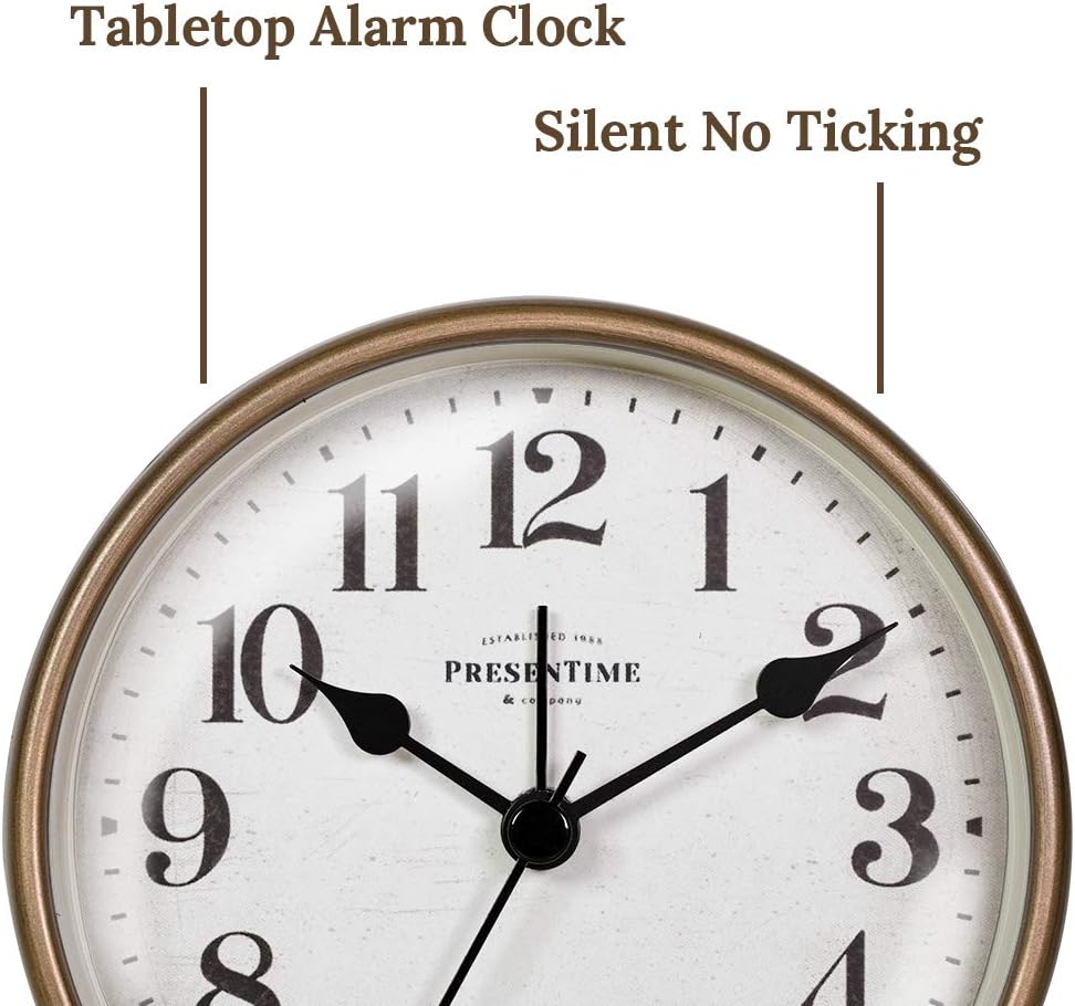 PresenTime & Co – Reloj despertador de mesa vintage de 4 pulgadas, reloj de escritorio y estante, silencioso sin ticks, roble gris rústico y acabado