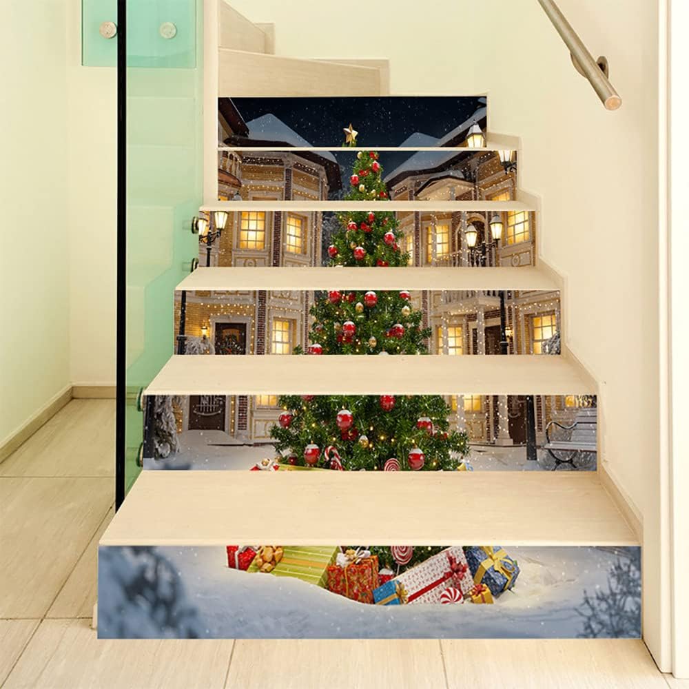 Pegatinas de Año Nuevo Navidad 3D Escalera Pegatinas (6 PiezasPieza) Pasillos Decorativos Hogar PVC Impermeable Pared Pegatinas