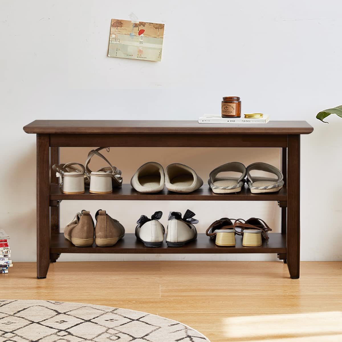Banco de zapatos, banco de almacenamiento de zapatos de madera, banco de entrada, banco de zapatos de madera de 3 niveles, estante para zapatos para