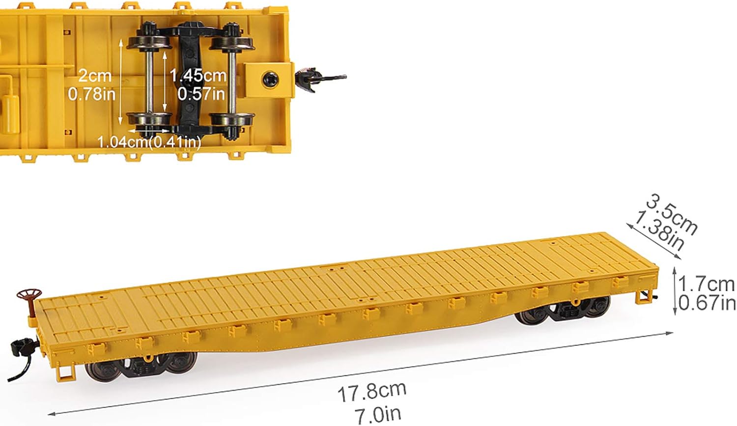 C8741 2pcs HO Scale 187 52′ Transportador plano de coche plano 52 pies Modelo Tren Contenedor de transporte de carga Coche (amarillo)