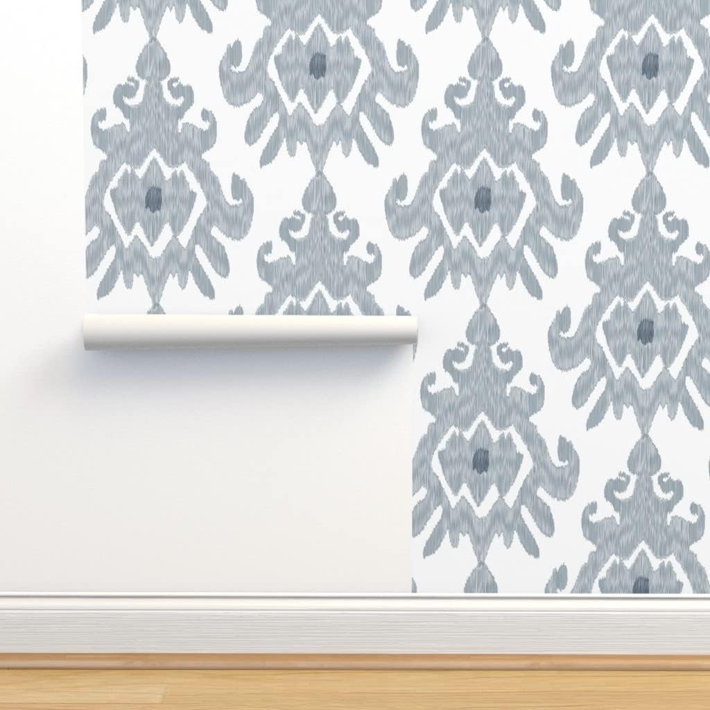 Spoonflower Papel tapiz autoadhesivo de 9 x 2 pies – Papel tapiz grande Ikat Pizarra Azul Gris Blanco Boho Moderno Índigo Neutral Mod Kitchen Papel