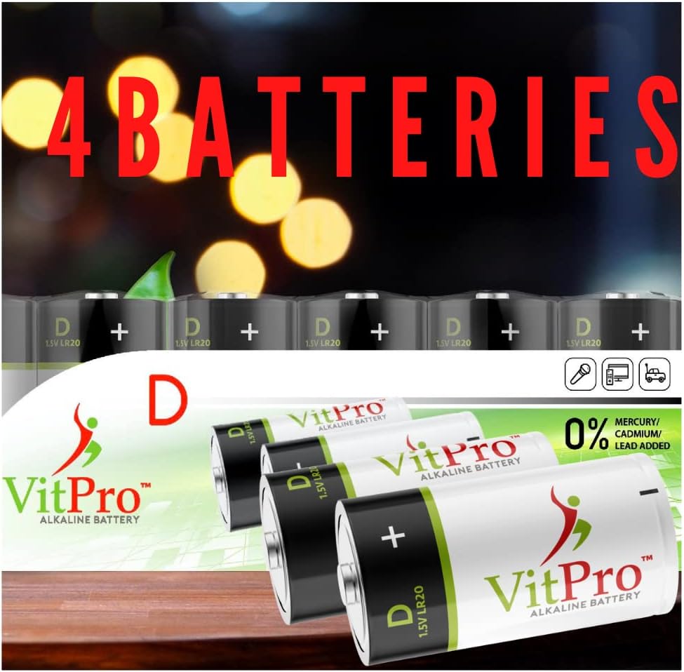 VitPro Baterías D  Paquete de 4  Baterías alcalinas multiusos  5 años de vida útil  Fácil de abrir  Baterías premium (paquete de 4)