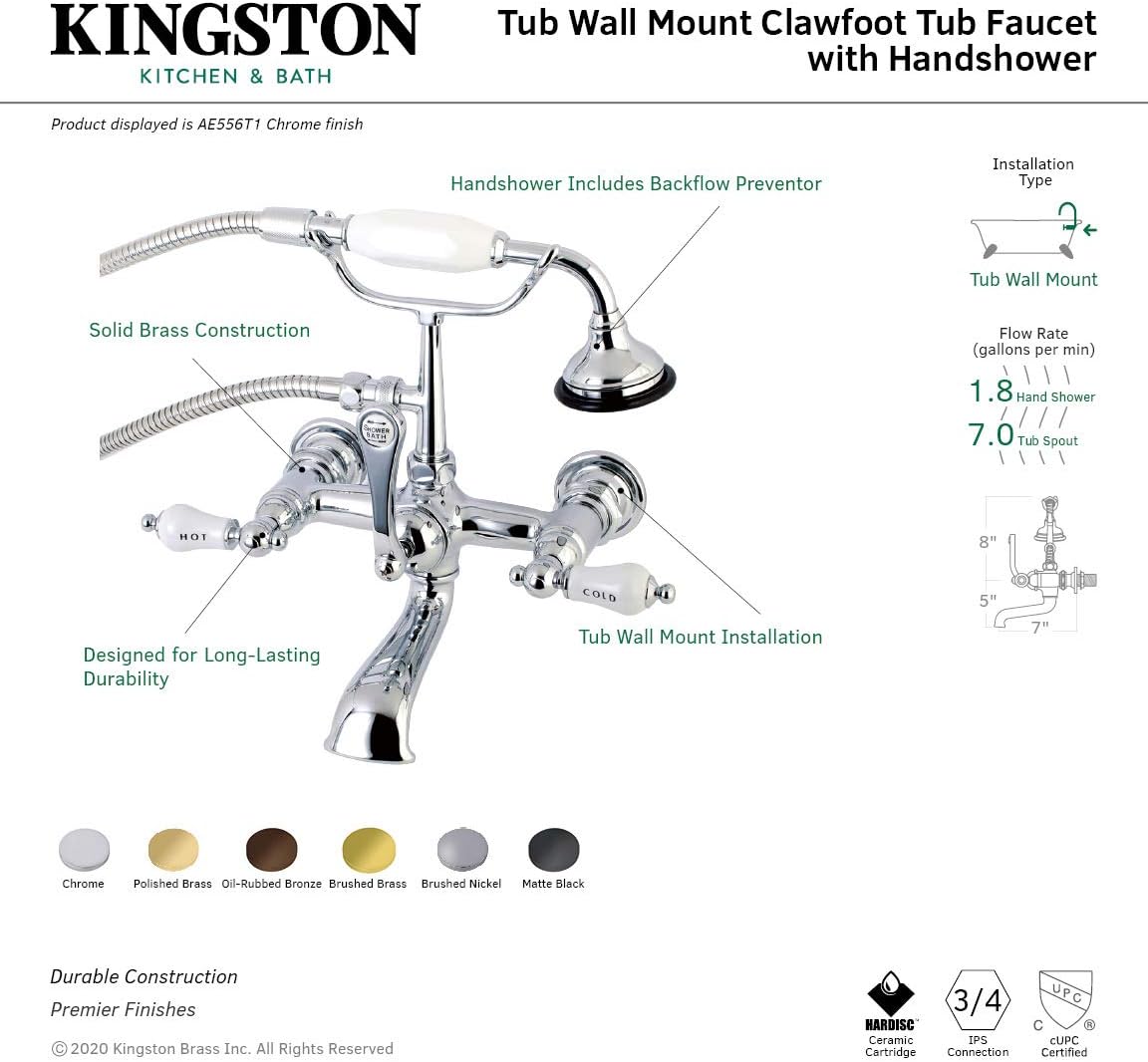 Kingston Brass AE556T1 Aqua Vintage Clawfoot – Grifo de bañera (7 pulgadas), cromo pulido