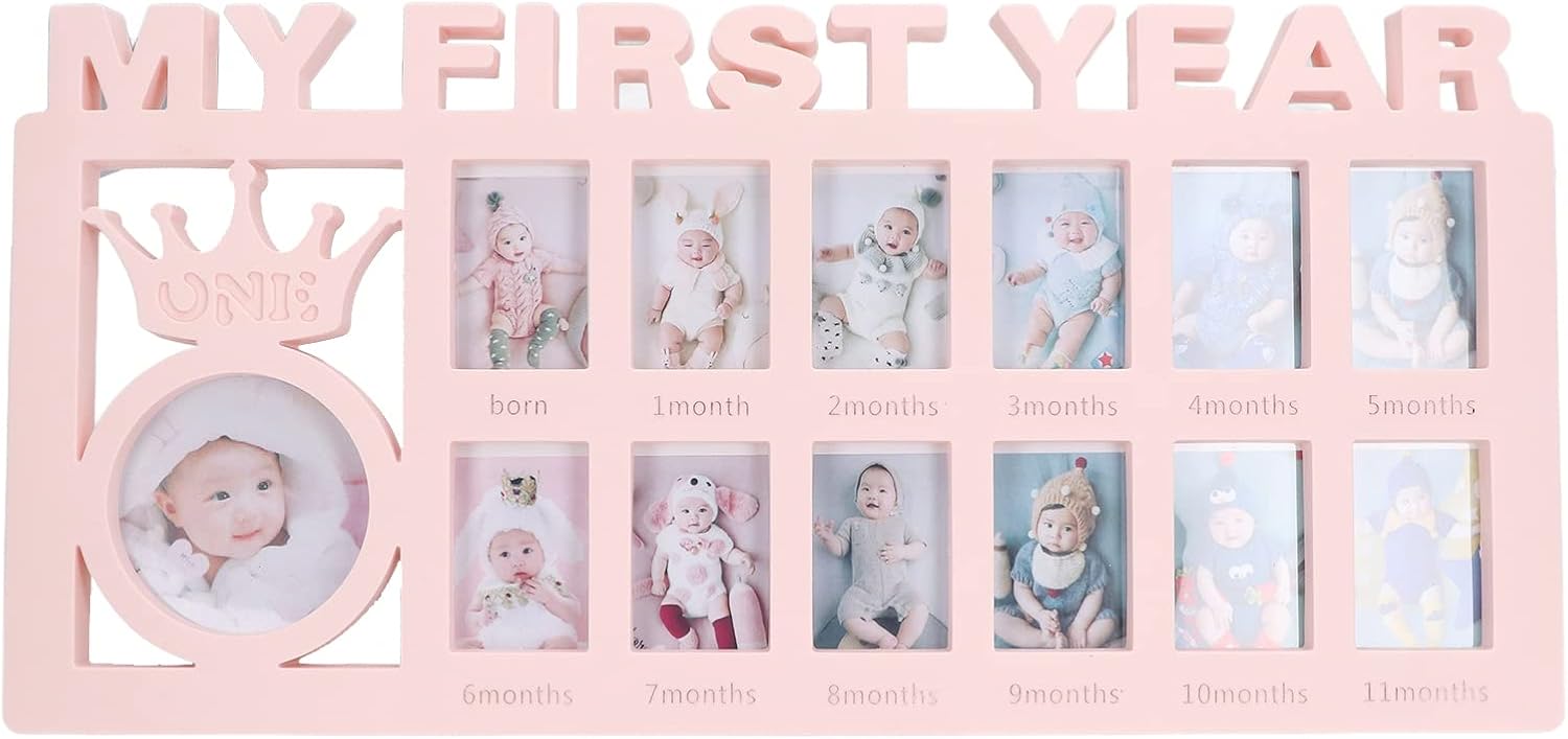My First Year – Marco de fotos de bebé exquisito mensual, marco de fotos decorativo estable para bebé con 12 marcos de fotos pequeños para niñas y