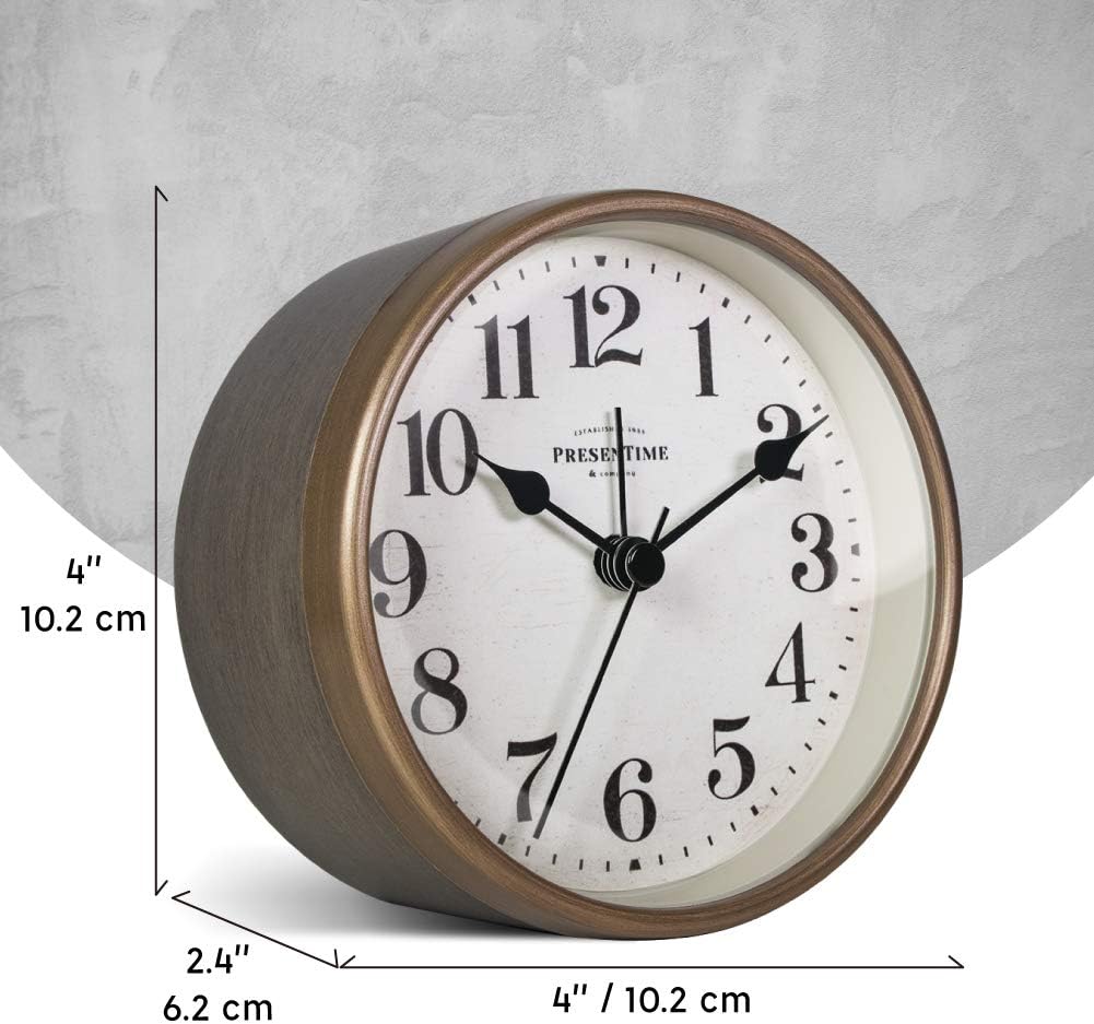 PresenTime & Co – Reloj despertador de mesa vintage de 4 pulgadas, reloj de escritorio y estante, silencioso sin ticks, roble gris rústico y acabado