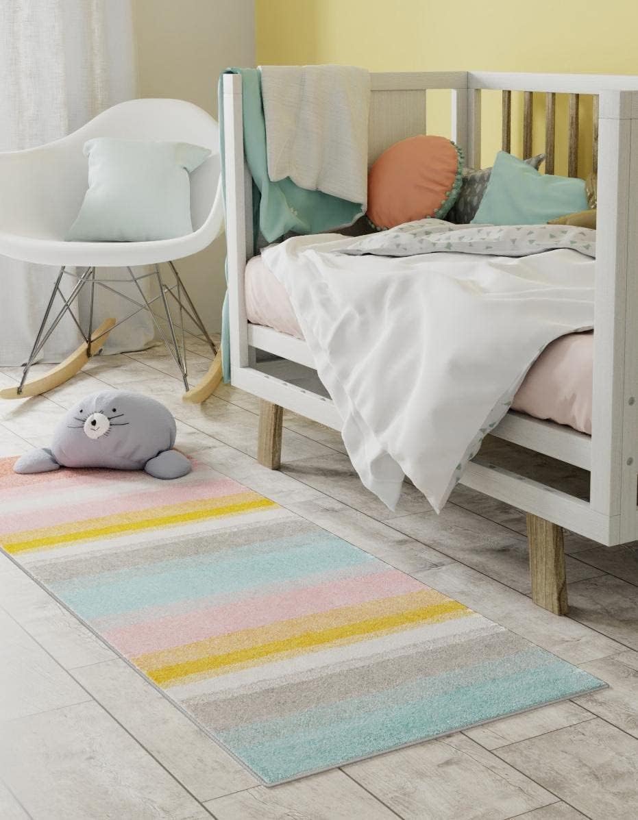 Unique Loom Whimsy Kids Collection – Alfombra de área con diseño de arcoíris abstracto pastel (2 pies 2 pulgadas x 3 pies 11 pulgadas, multicolor
