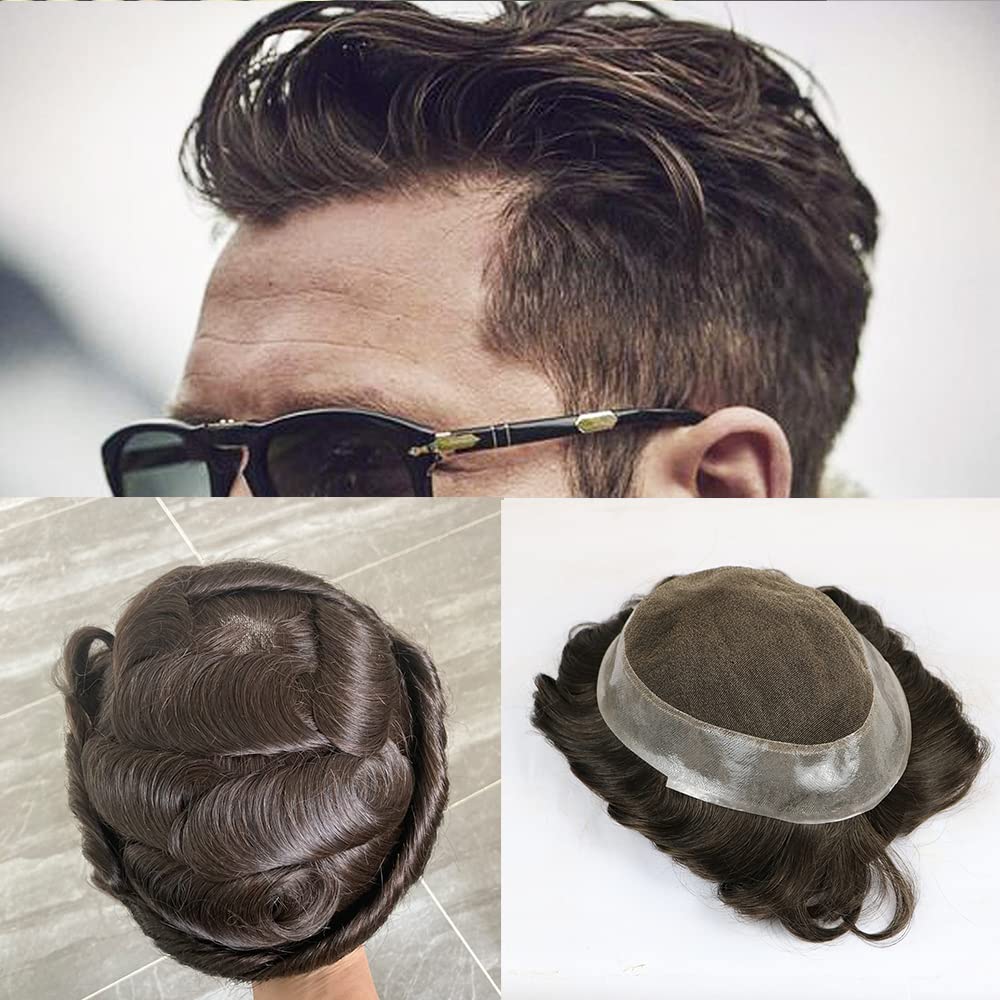 SIMBEAUTY Encaje francés con base australiana con poliuretano alrededor de los hombres, peluca de cabello humano cómoda onda, sistema de reemplazo