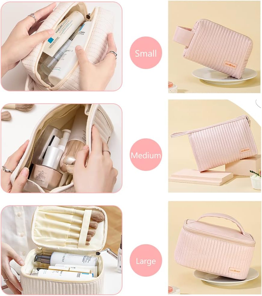 Bolsa de maquillaje de 3 piezas, juego de bolsas de cosméticos, bolsa de aseo de cuero a rayas de poliuretano, organizador de maquillaje portátil