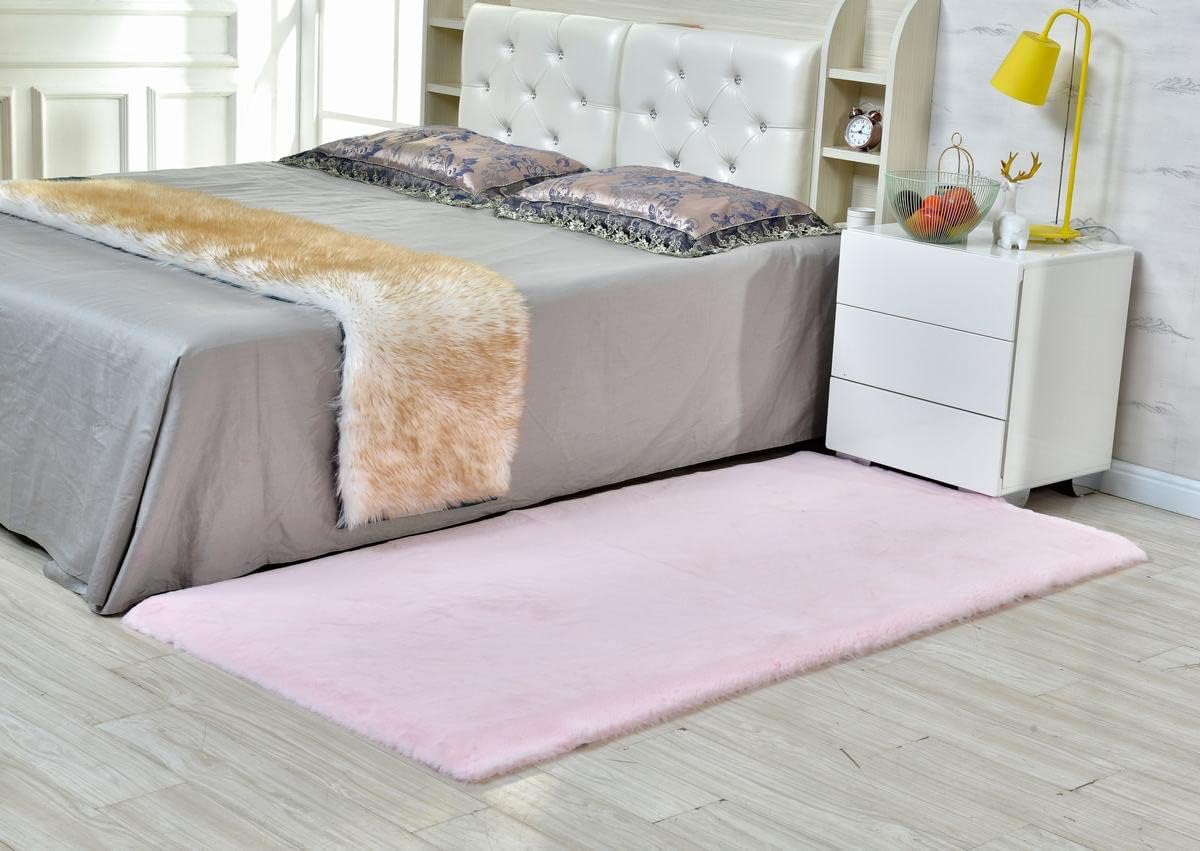 Alfombra de piel sintética de conejo ultra suave con respaldo antideslizante para sala de estar, decoración del piso del dormitorio, color rosa, 2 x