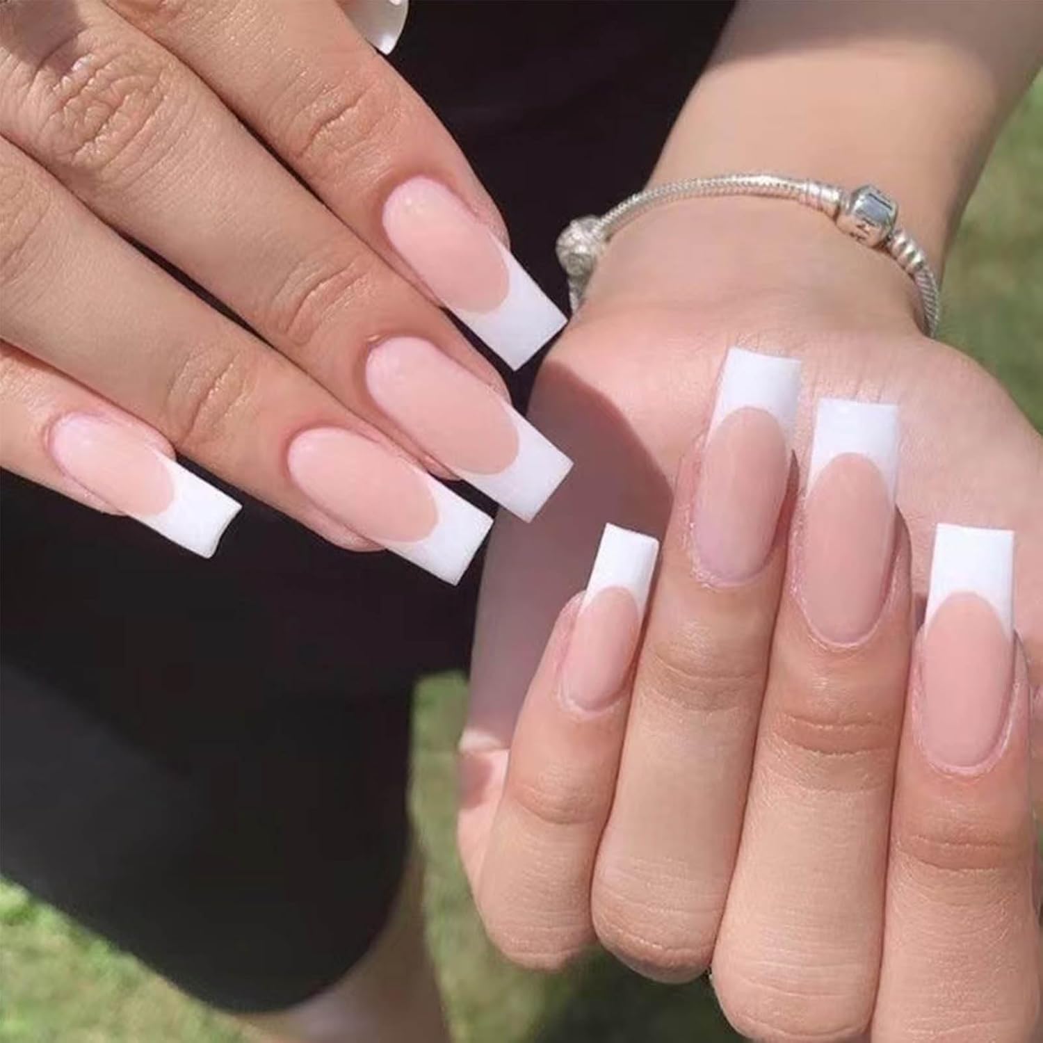 Uñas postizas cuadradas francesas largas, uñas postizas acrílicas de cobertura completa, uñas postizas largas para mujeres y niñas, 24 unidades