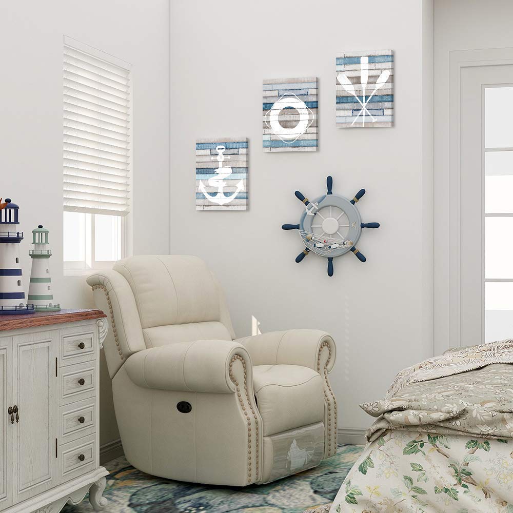 Adecuado Bathroom Decor Wall Art Coastal Nautical Beach Decor Anchor Life Ring Boat Oar Decorations Blue Ocean Rustic Canvas Paintings for Living