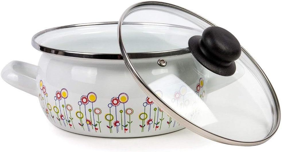 Esmalte En Acero Olla De 4.2 Cuartos Con Una Tapa De Vidrio – Flores Esmaltadas Multicolor