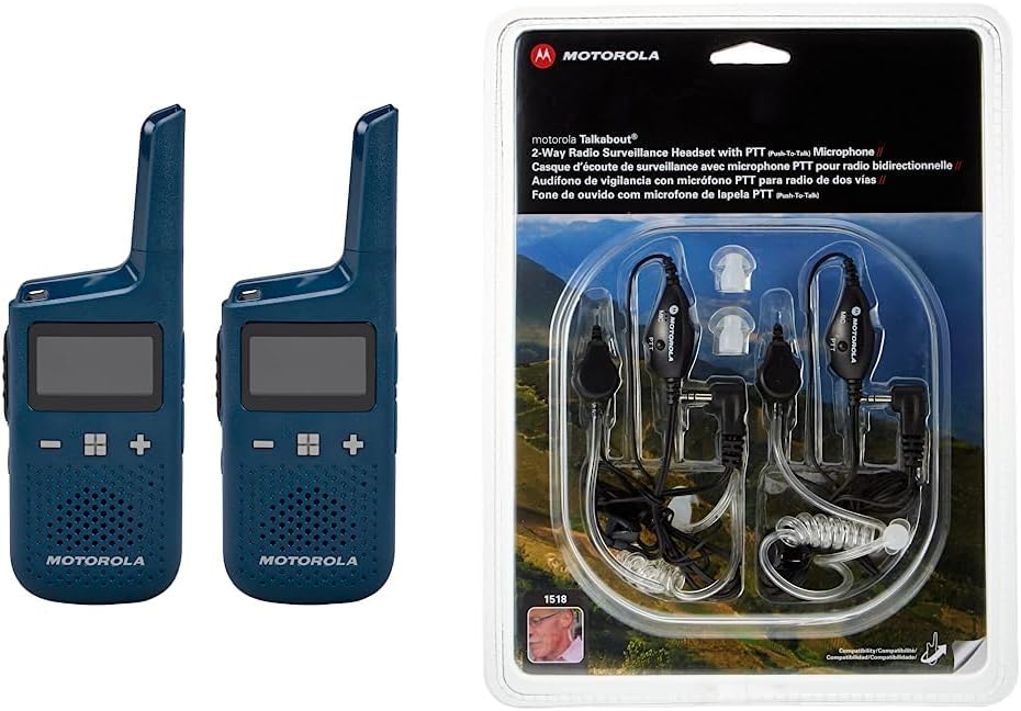 T383 – Radio de 2 vías azul de 25 millas con base de carga y auriculares de vigilancia Motorola 1518 con micrófono PTT, negro, blanco
