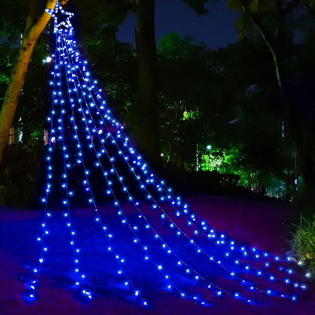 Luces decorativas de Navidad para exteriores, 317 luces LED de 11.5 pies, 8 modos de iluminación de memoria y temporizador, luces de estrella de