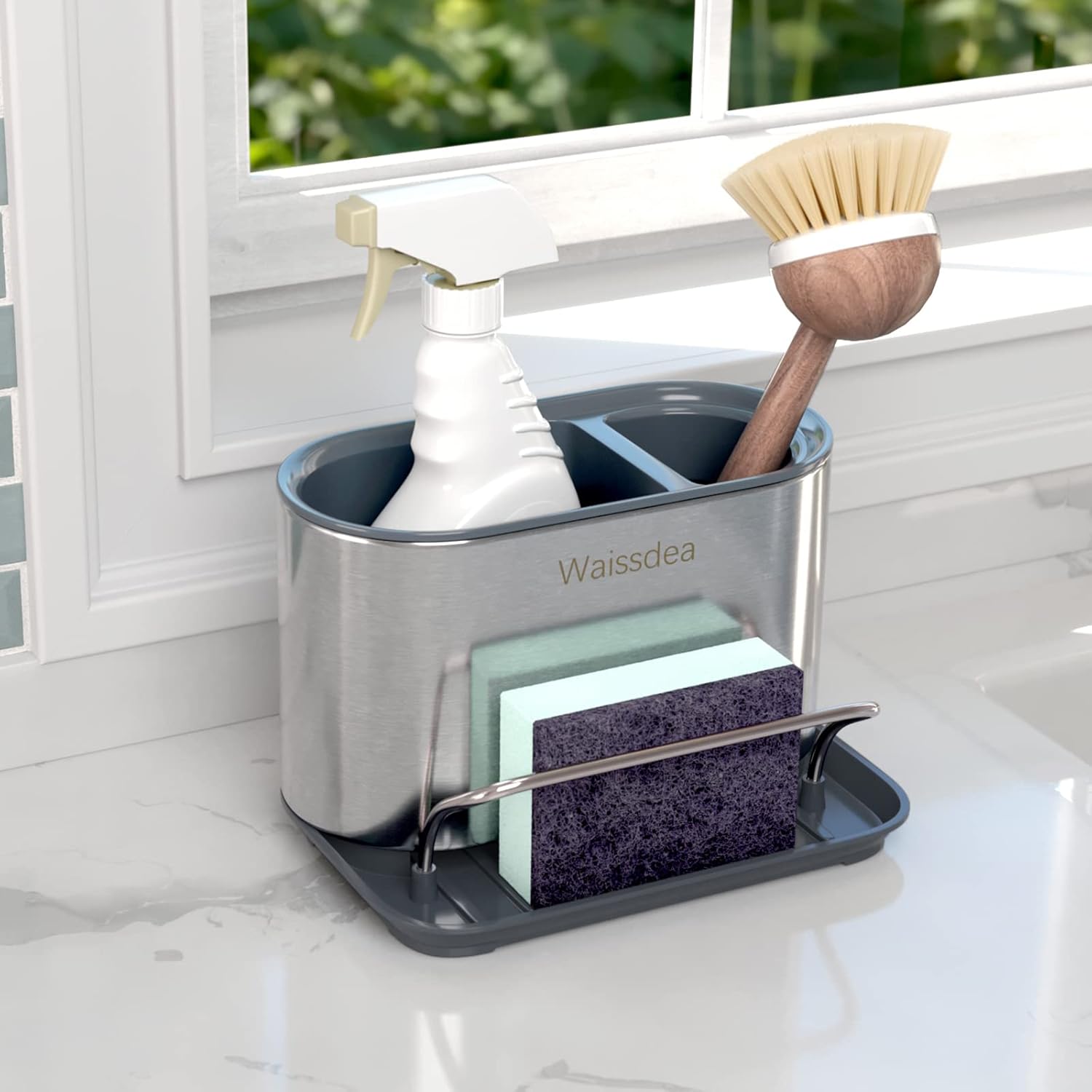 Dispensador de jabón para fregadero de cocina, organizador de fregadero de cocina, soporte de esponja de acero inoxidable, fácil de limpiar, bandeja