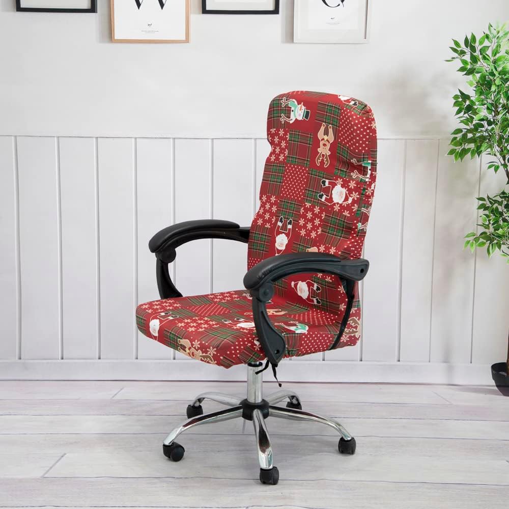 Funda para silla de oficina de Navidad, universal, extraíble, lavable, antipolvo, con estampado de Papá Noel, renos, copos de nieve, estrellas
