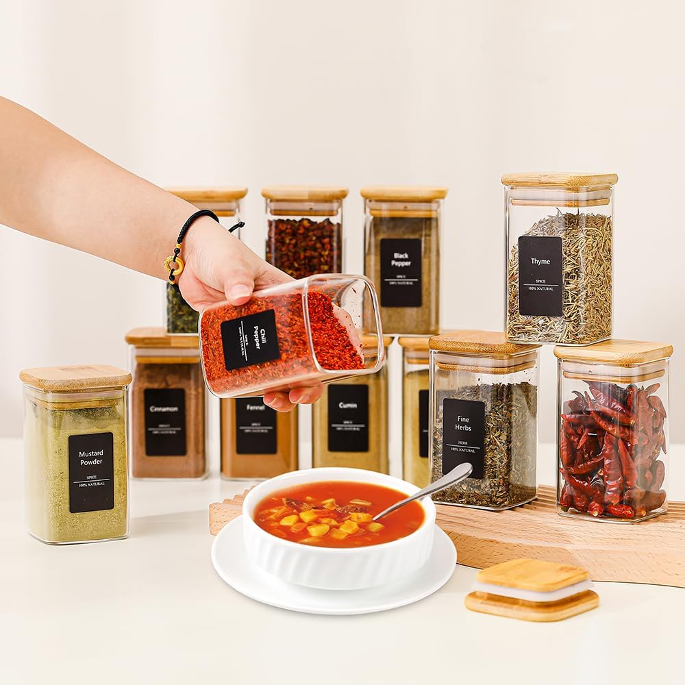 12 tarros de especias de 9 onzas con 275 etiquetas, organizador vacío hermético con tapa de bambú para almacenamiento de alimentos, sal, azúcar