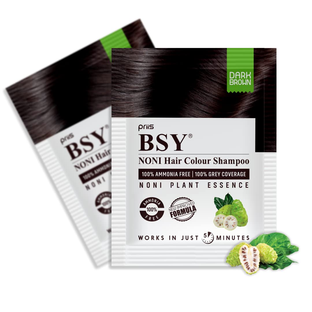 BSY Noni – Champú de color marrón oscuro (0.7 fl oz x 10 bolsitas)  Champú de color de cabello sin amoníaco para hombres  Champú permanente de tinte