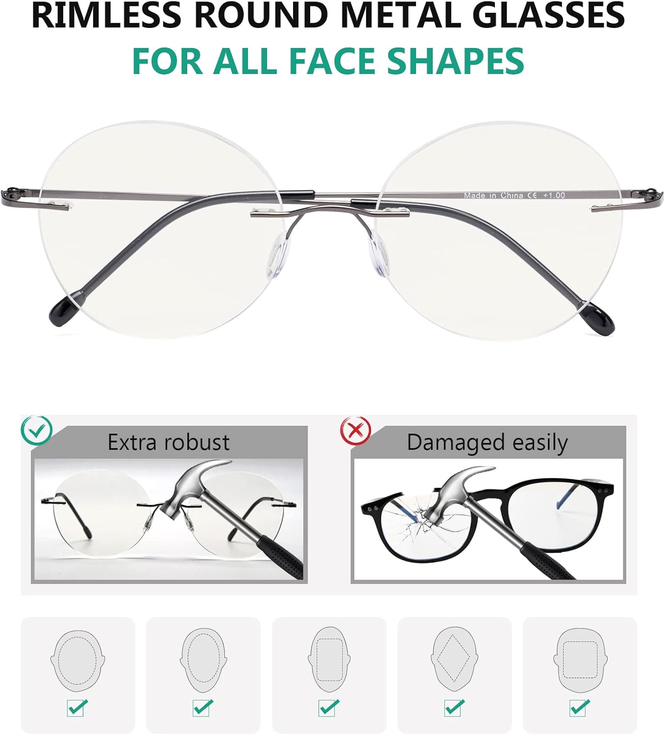 Eyekepper Gafas progresivas sin marco multienfoque para lectores con filtro de luz azul, redondas, retro, lentes de lectura para hombres y mujeres,