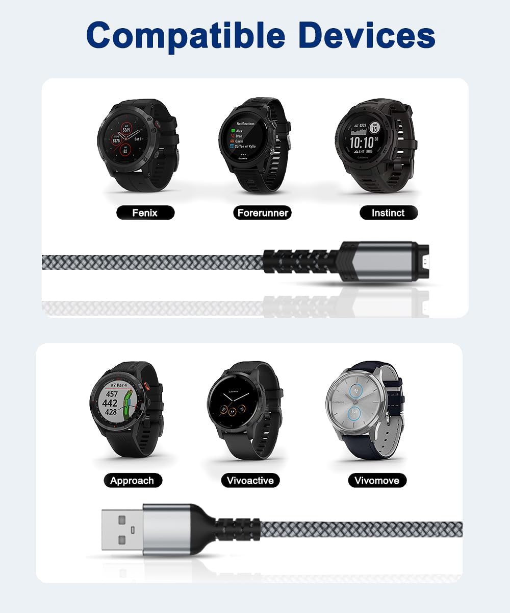 Paquete de 2 cables de carga para Garmin Watch 1.8M, cable de alimentación de nailon para Fenix 5 6 6S 6X 7 7S 7X Plus, Forerunner 745 935 945 45