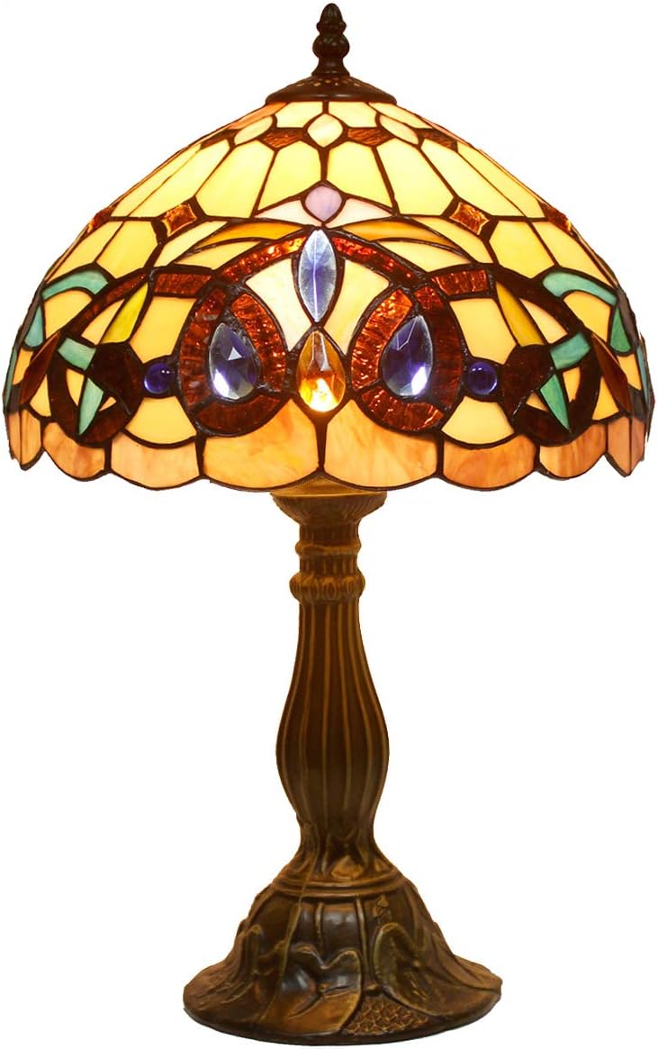 WERFACTORY Lámpara de mesa estilo Tiffany con vitrales de serenidad victoriana, lámpara de noche de escritorio, luz de lectura, 12 x 12 x 18