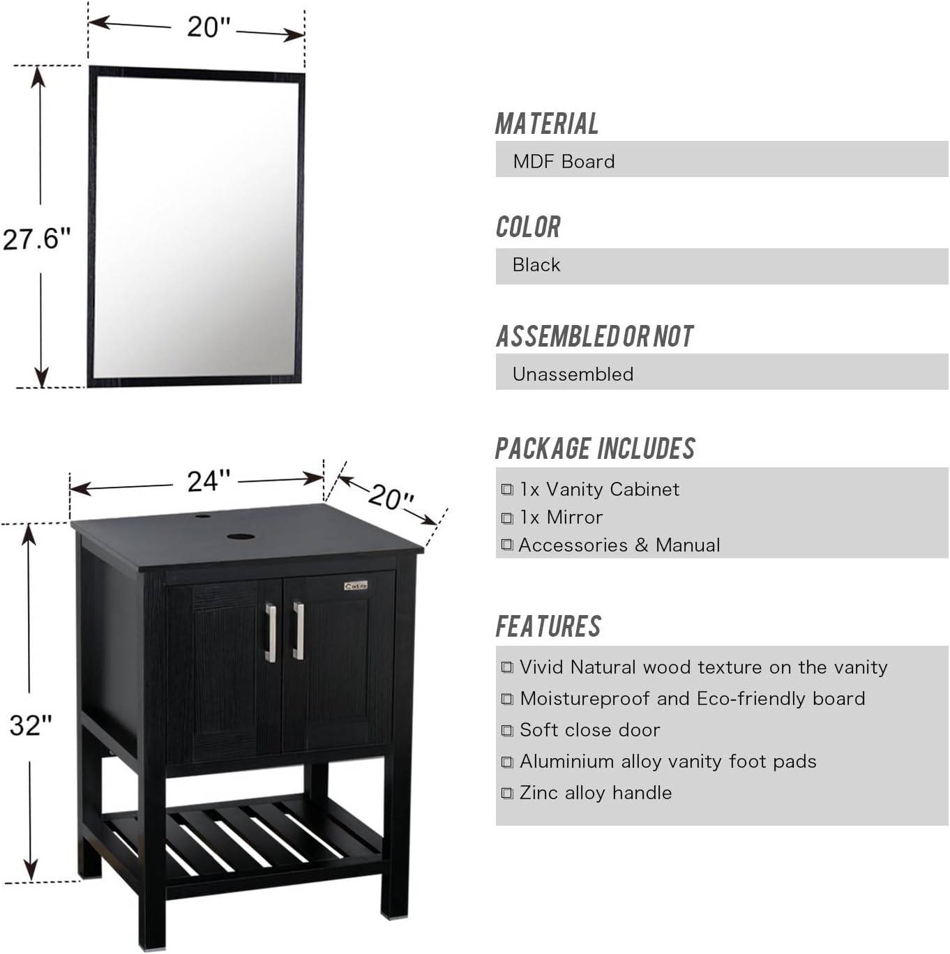 eclife 36-A29B B06 – Lavabo de baño de 36 pulgadas, color negro, con gabinete lateral, vidrio templado azul, grifo de ahorro de agua de 1.5 GPM y