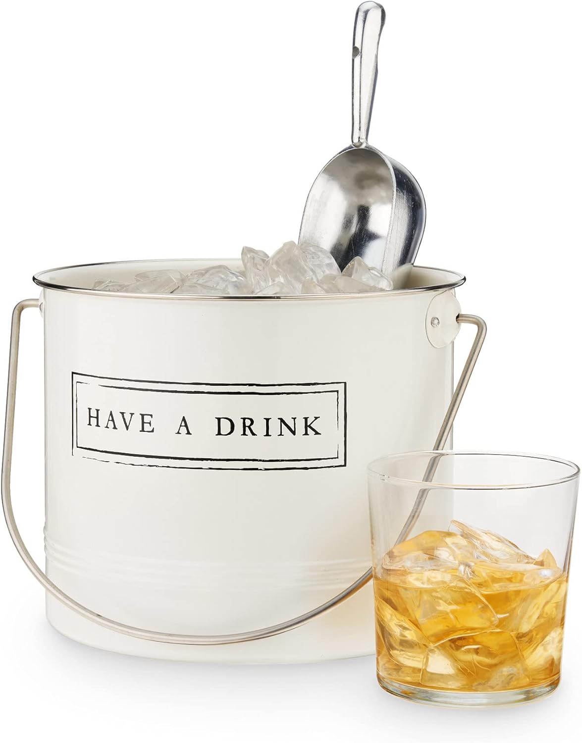 Twine Have A Drink – Cubo de hielo y cuchara de metal esmaltado blanco para fiestas, botella de vino y botella de cerveza en 1 galón