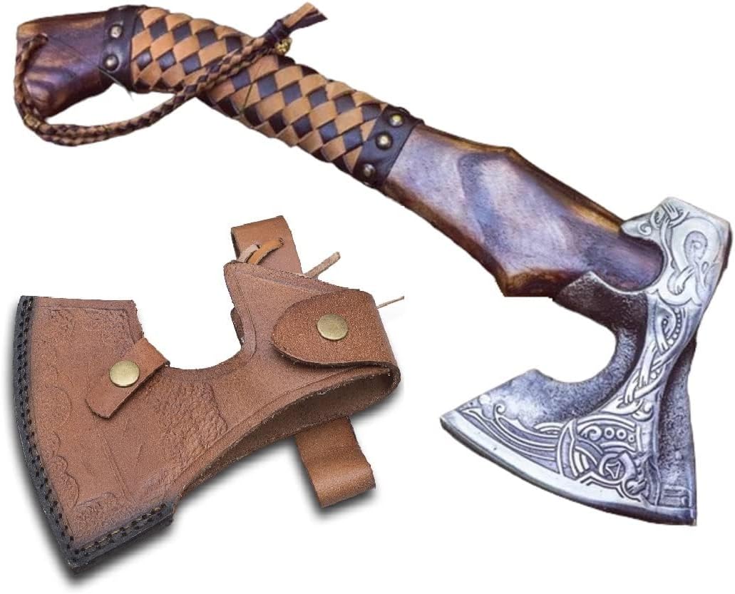 Hacha vikinga forjada a mano de 19 pulgadas, hacha de campamento de acero al carbono con eje de madera de rosa, regalos vikingos para hombres, hacha