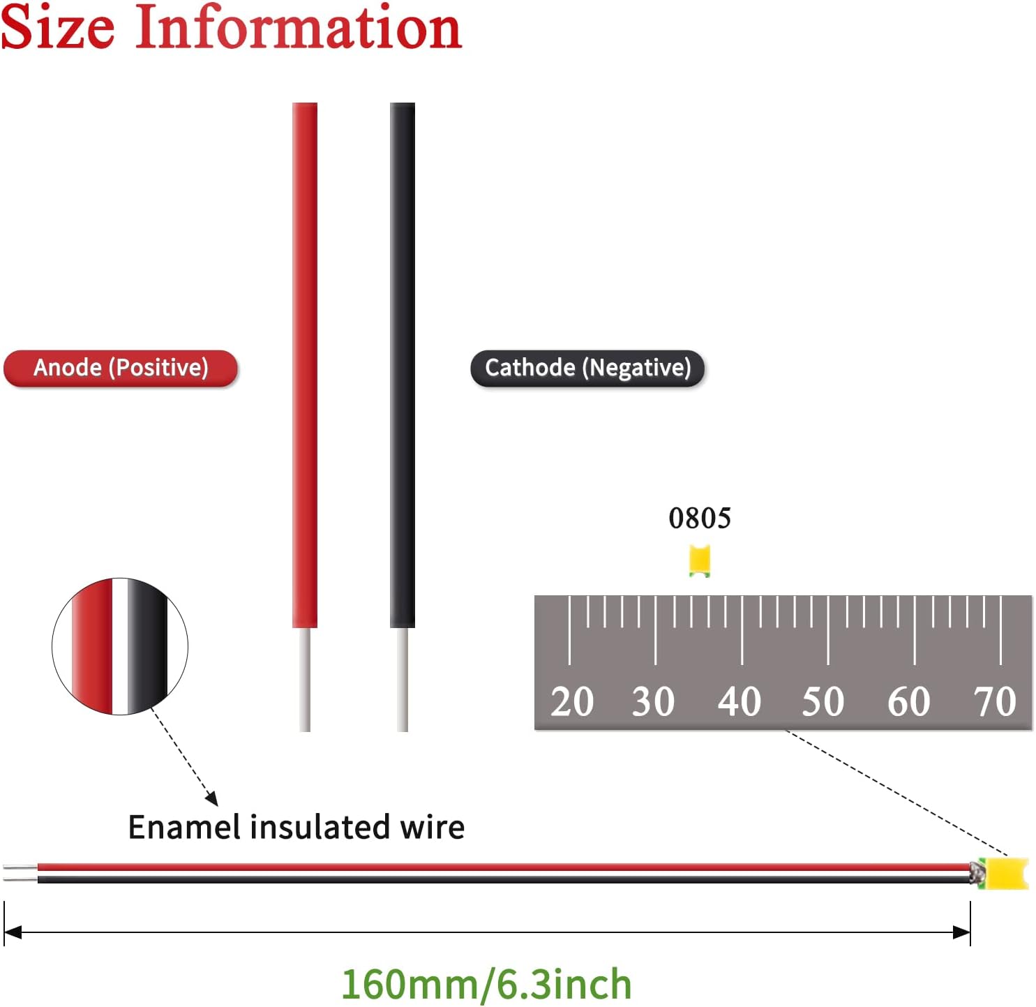 DiCUNO 100 diodos emisores de luz SMD 0805 pre-cableados, micro LED pre-soldados para bricolaje, proyectos científicos, longitud del cable 6.3 in