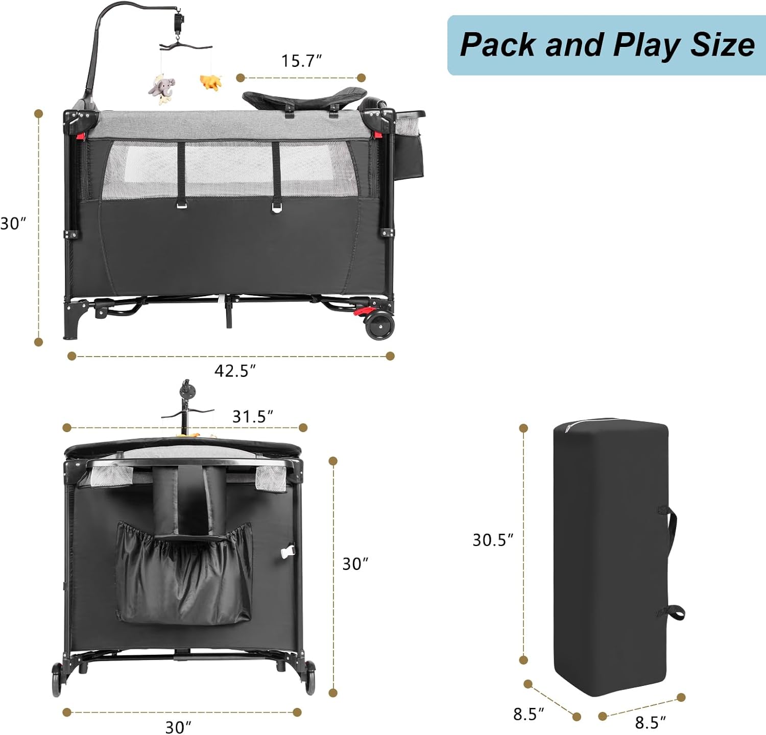 Afgbf Paquete y juego 5 en 1, cuna para bebé con cambiador de pañales, cuna portátil con bolsa de transporte, corral de bebé con 4 alturas