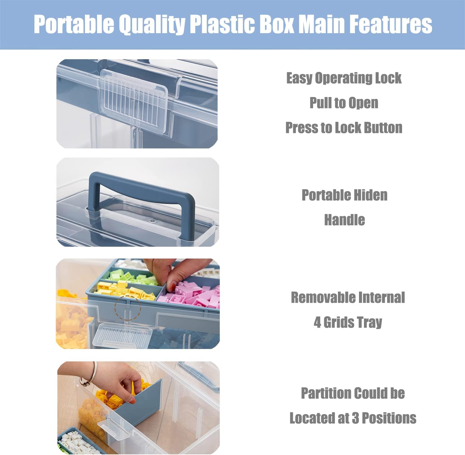 Caja organizadora de suministros de plástico transparente para artes y manualidades, caja grande con una bandeja extraíble, una partición y asa,
