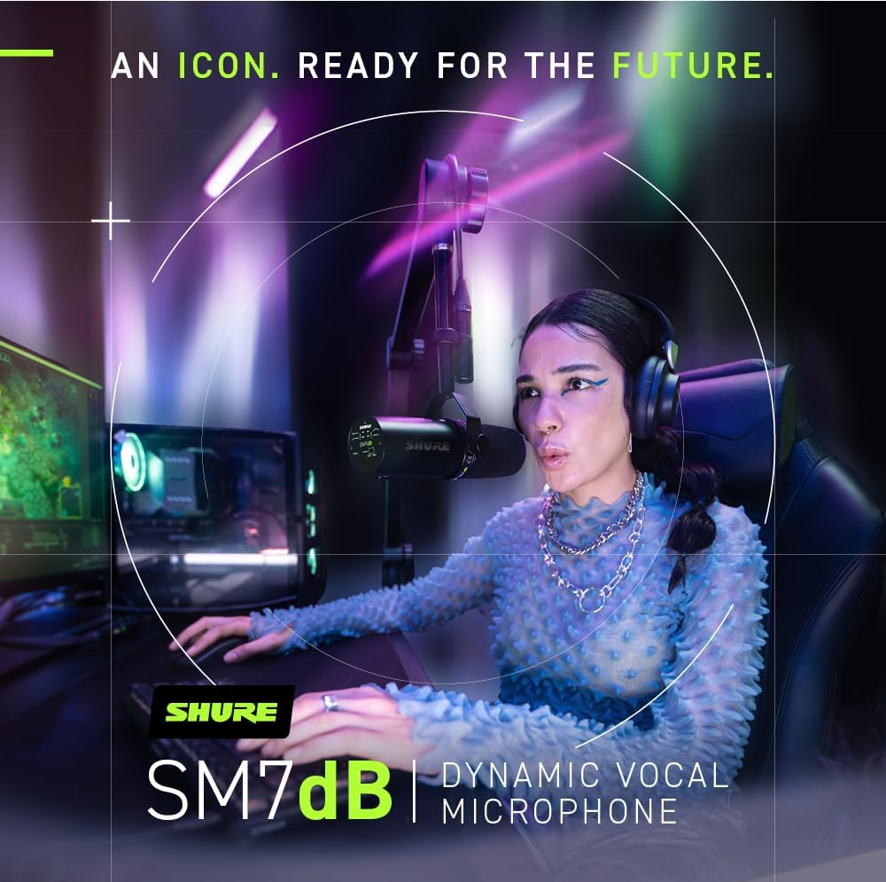 Shure SM7dB Micrófono vocal dinámico con preamplificador integrado para transmisión, podcast y grabación, frecuencia de amplio alcance, sonido