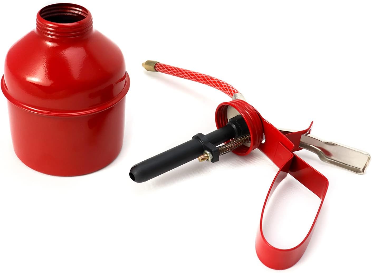 QWORK Lata de aceite, 12 oz (13.5 fl oz) de capacidad para bomba manual, lata de aceite tipo pistola de acero, rojo, tubo flexible, paquete de 2