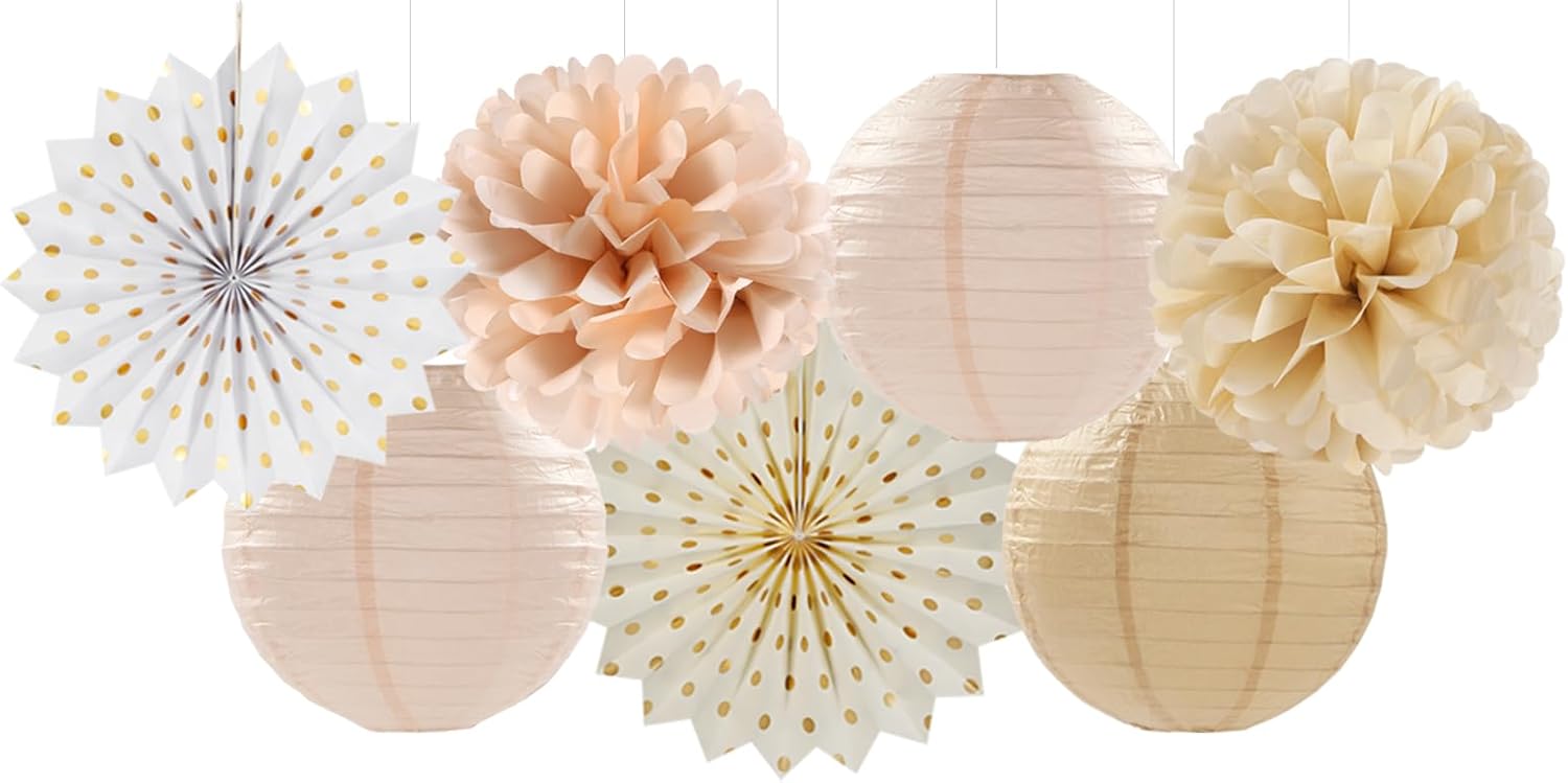 Decoraciones de fiesta bohemias de color beige, dorado champán, blanco, melocotón, 20 unidades neutrales para baby shower, linternas rústicas de